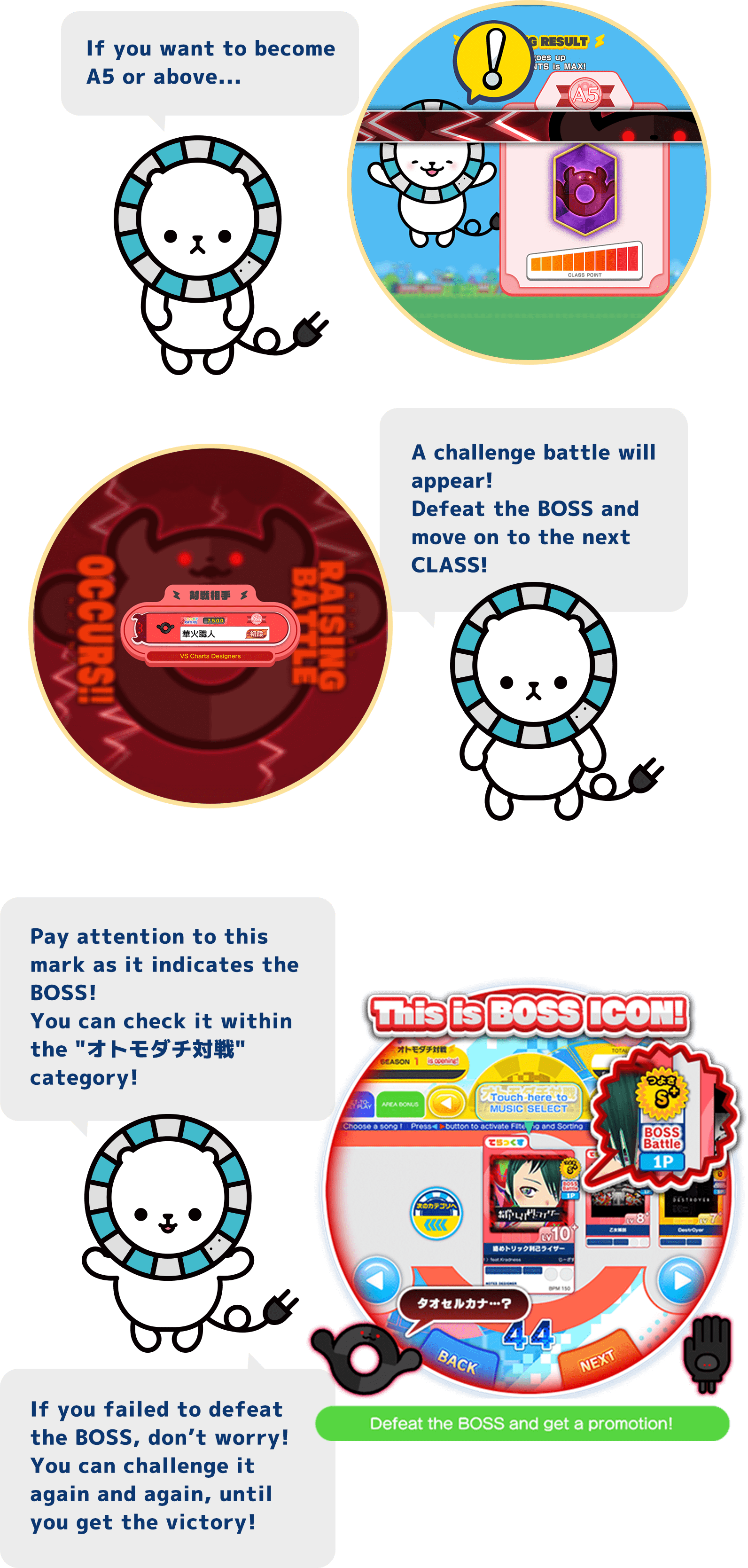 If you want to become
          A5 or above...
          A challenge battle will appear!
          Defeat the BOSS and
          move on to the next CLASS!
          Pay attention to this mark as it indicates the BOSS!
          You can check it within the "オトモダチ対戦" category!
          If you failed to defeat the BOSS, don’t worry!
          You can challenge it again and again, until you get the victory!